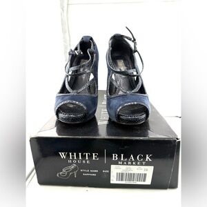 White House Black Market Sapphire Navy Suede Peep-Toe Heels w Textured Straps 7M
